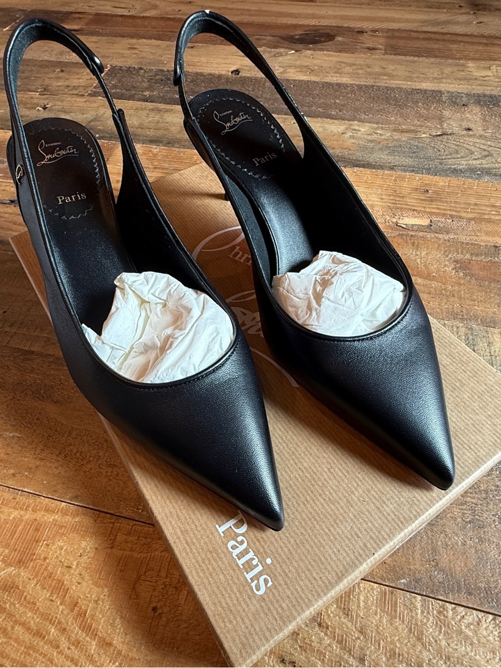 Christian Louboutin Sporty Kate Sling 55 Black Leather Pointed Slingback Heels